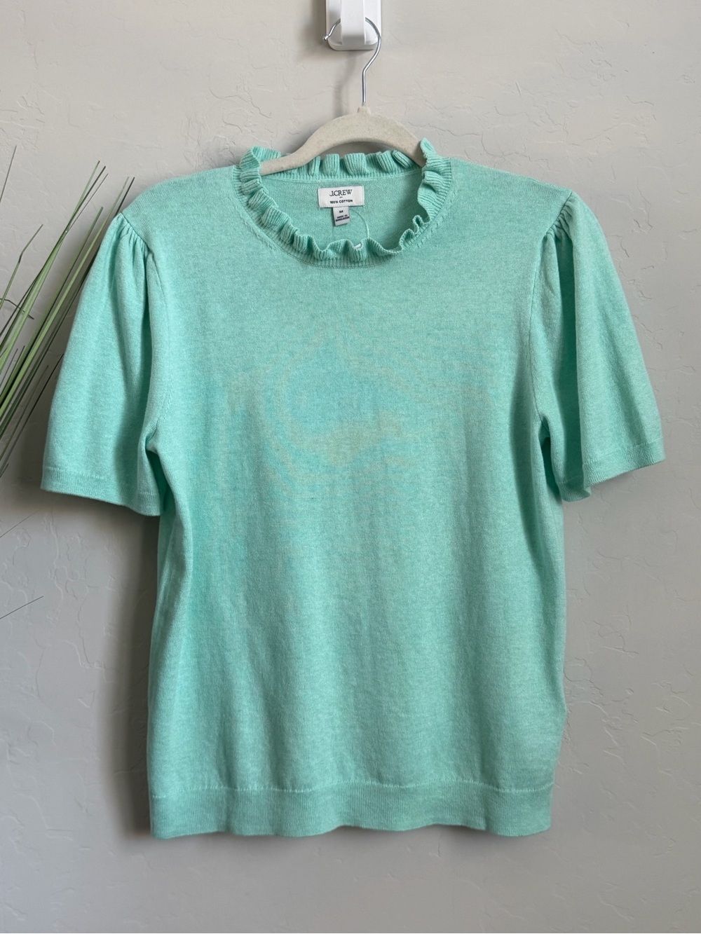 J.Crew Factory NWT Ruffle Neck Sweater Tee Mint Green Puff Sleeve Cotton Medium